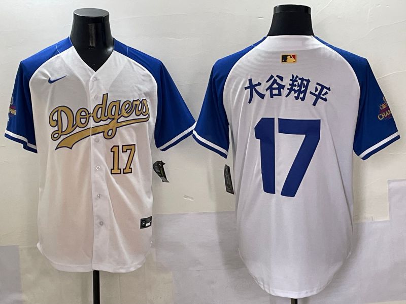 Men Los Angeles Dodgers #17 Ohtani White Blue Champion gold character Nike 2025 MLB Jersey style 5051->women mlb jersey->Women Jersey